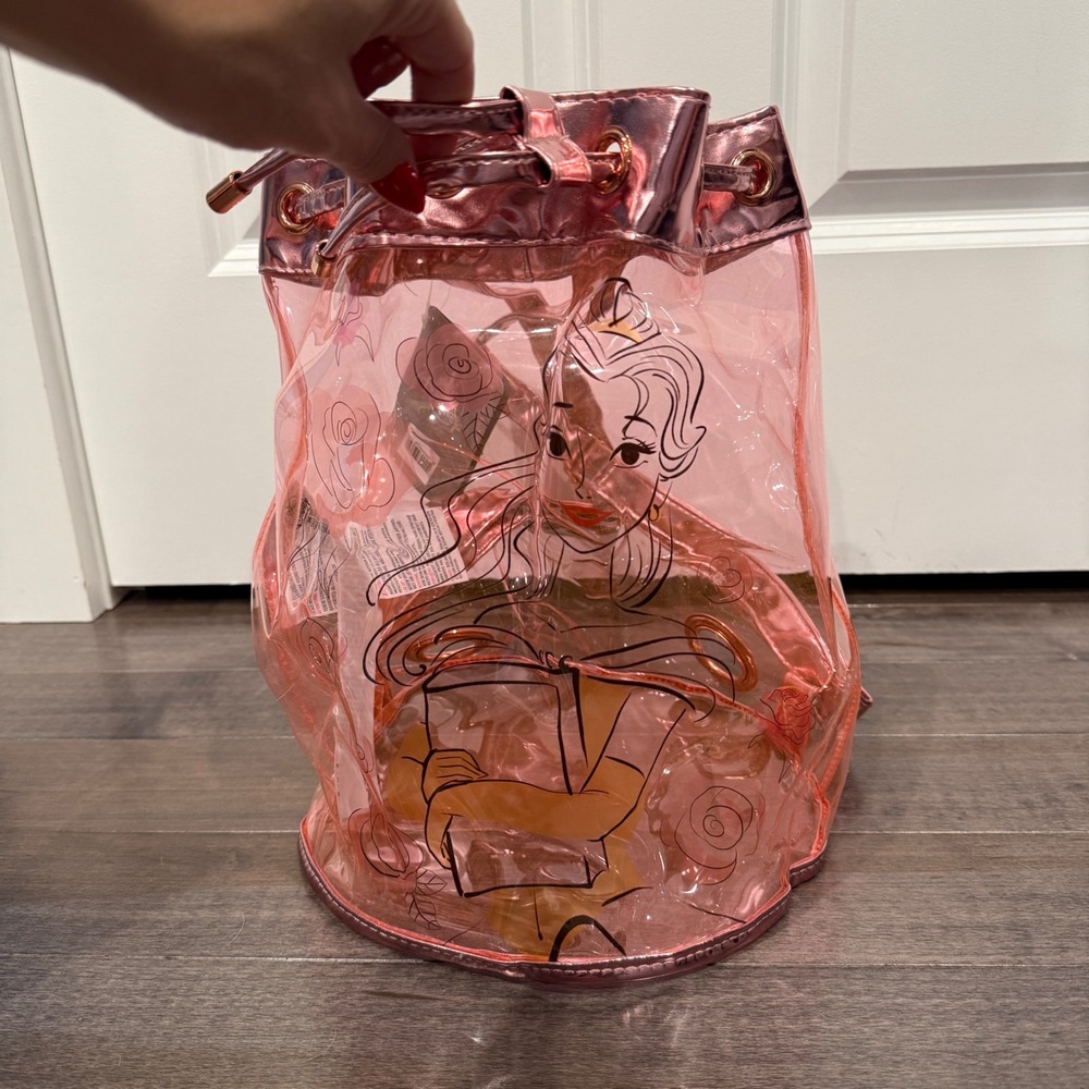 Disney Princess Belle Pink Clear Drawstring Backpack Rose Gold Metallic Trim NWT